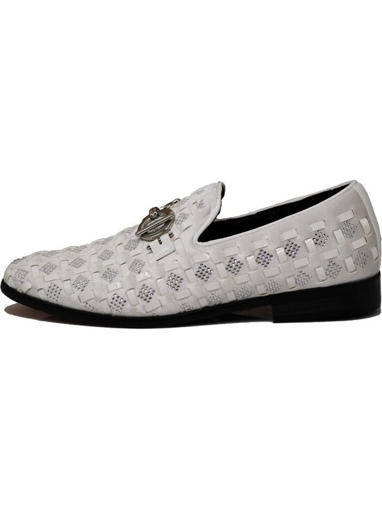 PARRAZO Men\'s White Glitter Rhinestone Loafers Metal Buckle Slip On Formal Shoes main image 7